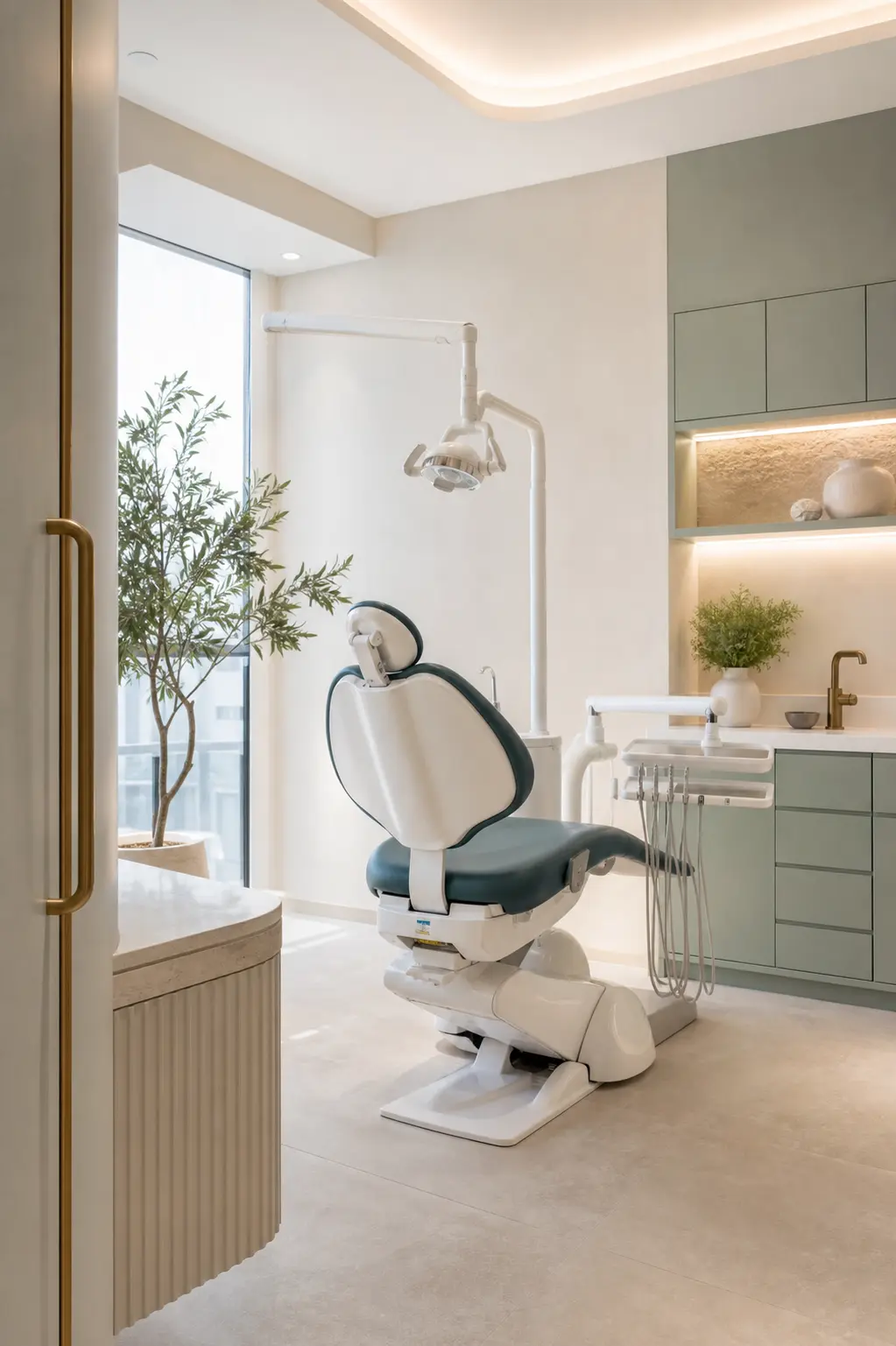 Calm modern dental treatment room with sage cabinetry and natural light