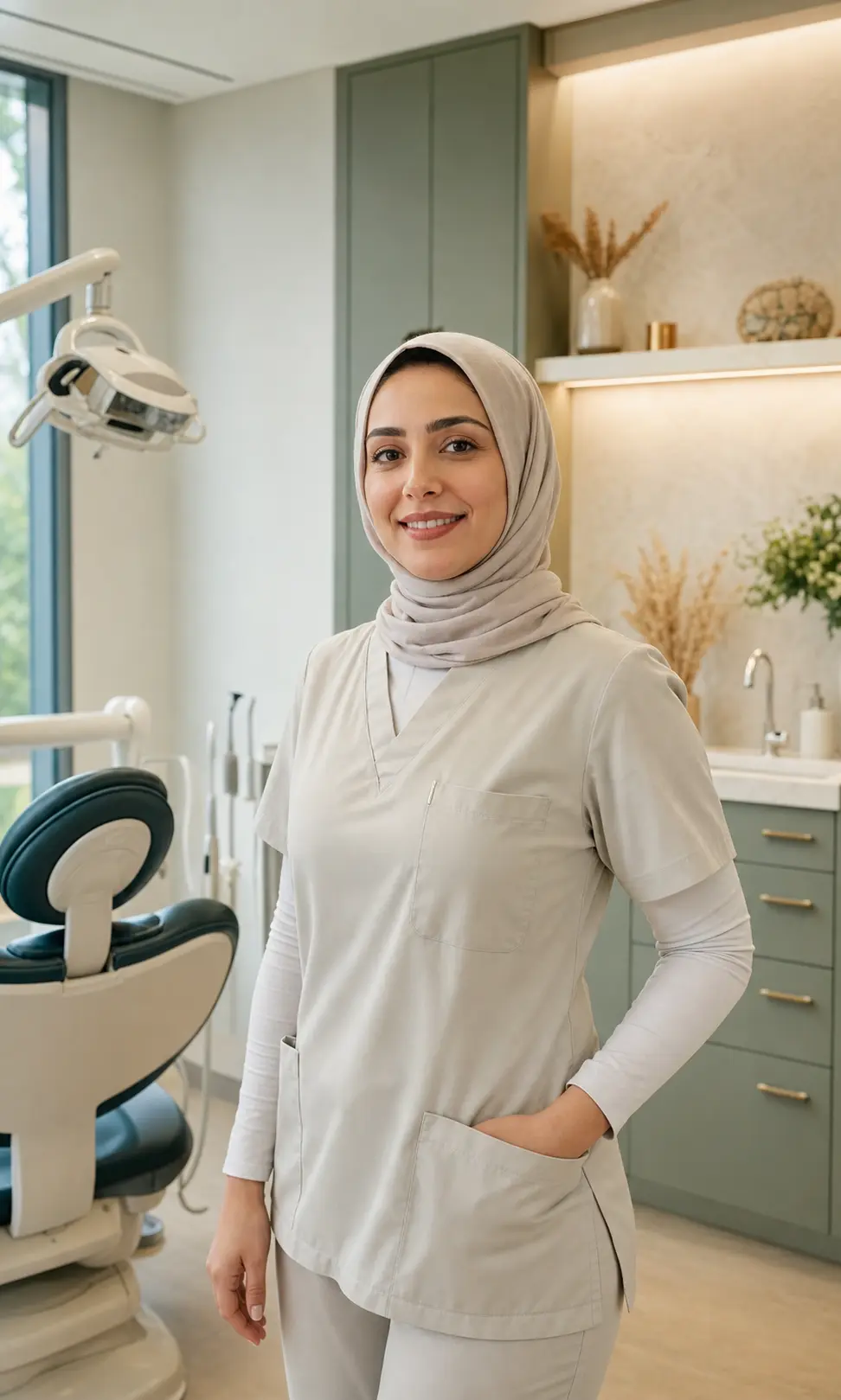Welcoming Bahraini female dentist in a calm modern treatment room